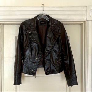 Laundry by Shelli Segal Rich Dark Chocolate Brown Motorcycle Leather Zip Jacket
